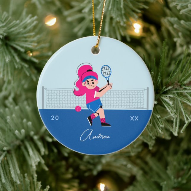 Girl's Tennis Player Pink Hair Kid's Name & Year Ceramic Ornament (Tree)