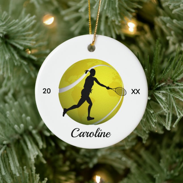 Girls Tennis World Ball & Player Her Name Kids Fun Ceramic Ornament (Tree)
