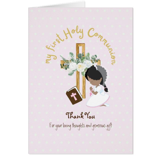 Girl's Thank You Holy Communion Card - Black Hair  (Front)