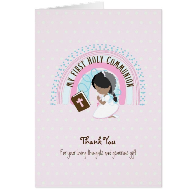 Girl's Thank You Holy Communion Card - Black Hair  (Front)