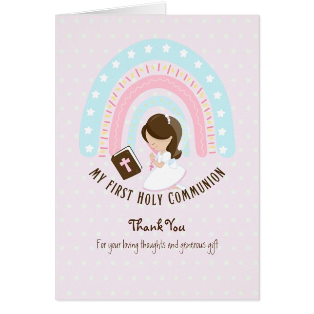Girl's Thank You Holy Communion Card - Brunette (Front)