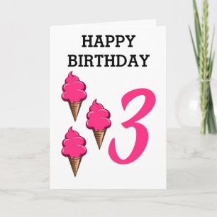 Girls Third Birthday Party Pink Ice Cream Card