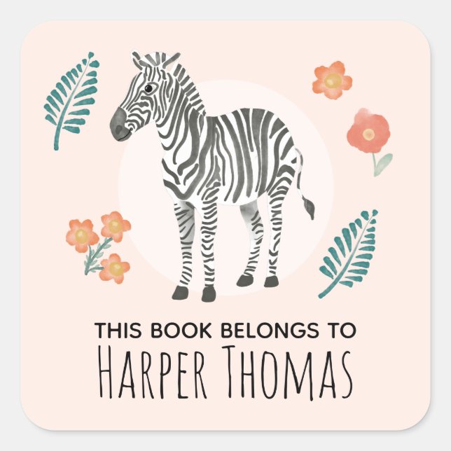 Girls 'This Book Belongs' Zebra Kids Bookplate Square Sticker (Front)