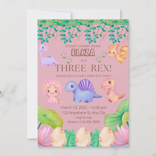 Girls Three-Rex Third Birthday Party Invitation (Front)