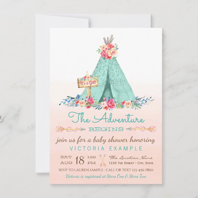 Girls Tipi Baby Shower Invitations (Front)