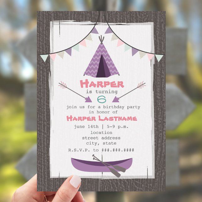 Girls Tipi Birthday Party Invitation Pink + Purple (Creator Uploaded)