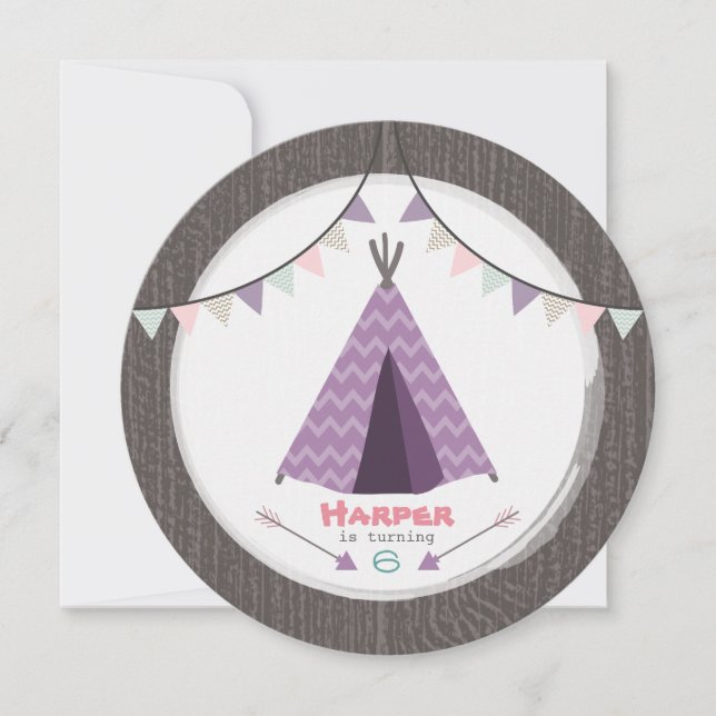 Girls Tipi Birthday Party Round Invite Pink Purple (Front)