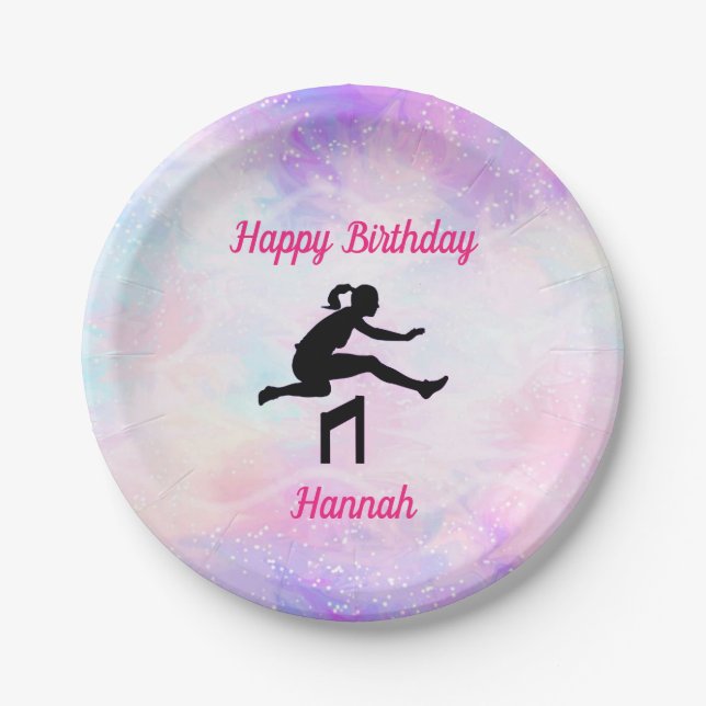 Girls Track & Field Happy Birthday Balloons Paper Plate (Front)