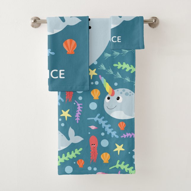 Girls Trendy and Modern Narwhal Pattern Name Kids Bath Towel Set (Insitu)