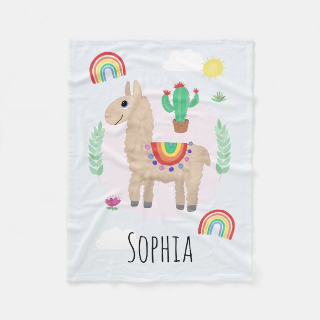 Girls Trendy and Modern Rainbow Llama Alpaca Fleece Blanket (Front)