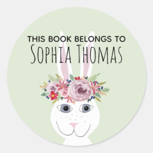 Girls Trendy Floral Rabbit Name Bookplate Classic Round Sticker