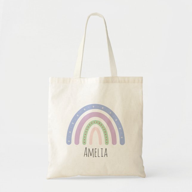 Girls Trendy Whimsical Rainbow Cartoon Name Kids  Tote Bag (Front)