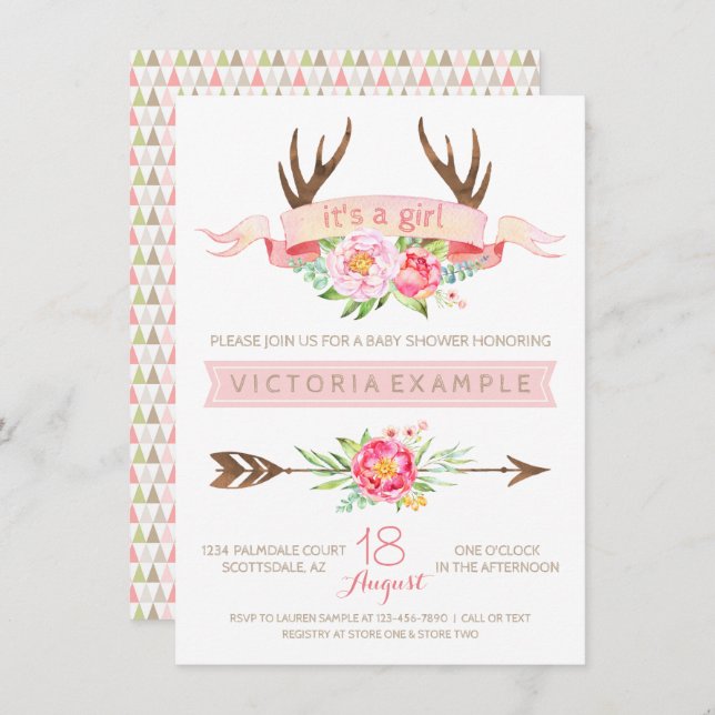 Girls Tribal Antler Floral Baby Shower Invitations (Front/Back)