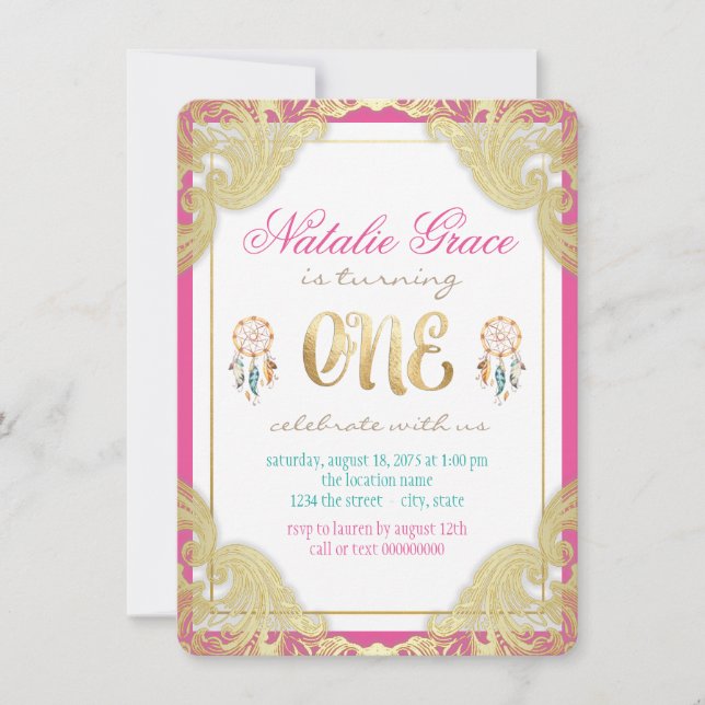 Girls Tribal First Birthday Party Invitations (Front)