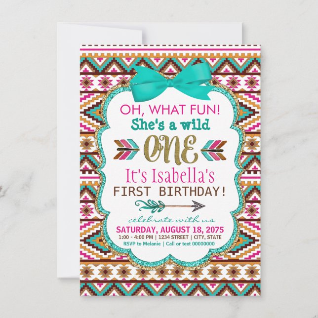 Girls Tribal Wild One Birthday Party Invitations (Front)