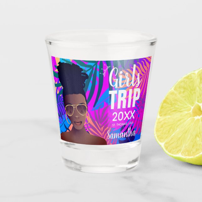 Girls Trip 20XX, Tropical Colourful, Black Woman Shot Glass (Front)