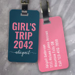 Girl's Trip Blue Pink Calligraphy Monogram Luggage Tag<br><div class="desc">Liven up your luggage with this personalised design that's perfect for travellers</div>