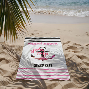 Girls Trip Nautical Anchor Pink and Black Beach Towel