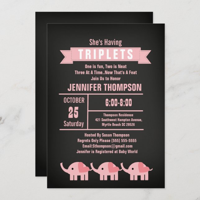 Girls Triplet Elephant Baby Shower Chalkboard Invitation (Front/Back)