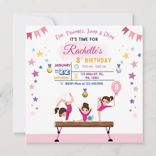 Girls Tumbling Gymnastics Birthday Party Invite (Front)