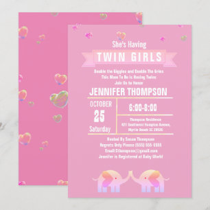 Girls Twin Elephant Pink/Purple Baby Shower  Invitation