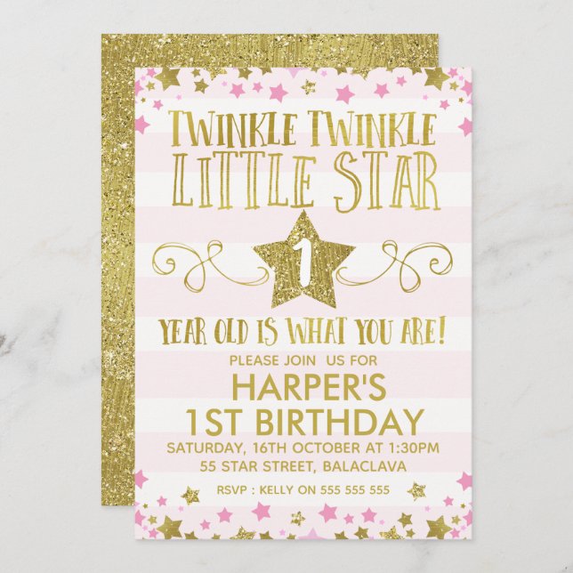 Girl's Twinkle Little Star 1st Birthday Invitation (Front/Back)