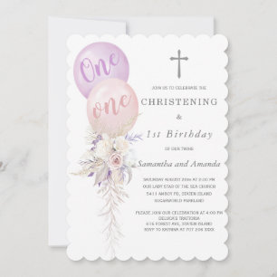 Girls Twins Christening and First Birthday Invitation