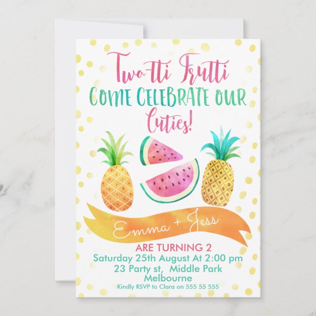 Girls Twins Two-tti Frutti 2nd Birthday Invitation (Front)