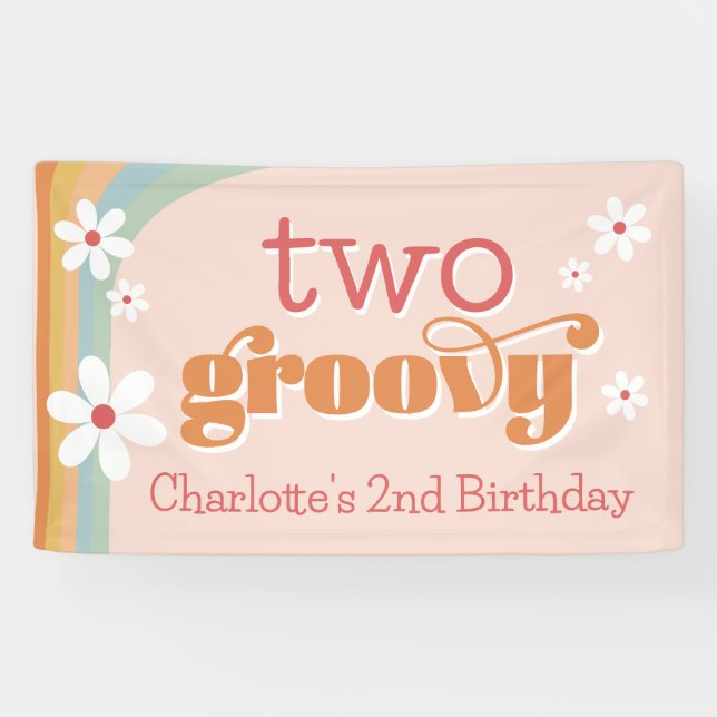 Girl's Two Groovy Retro Daisies 2nd Birthday Banner (Horizontal)