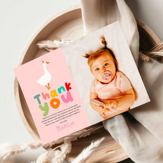 Girls Two Silly Goose 2nd Birthday Photo Thank You Card (Creator Uploaded)