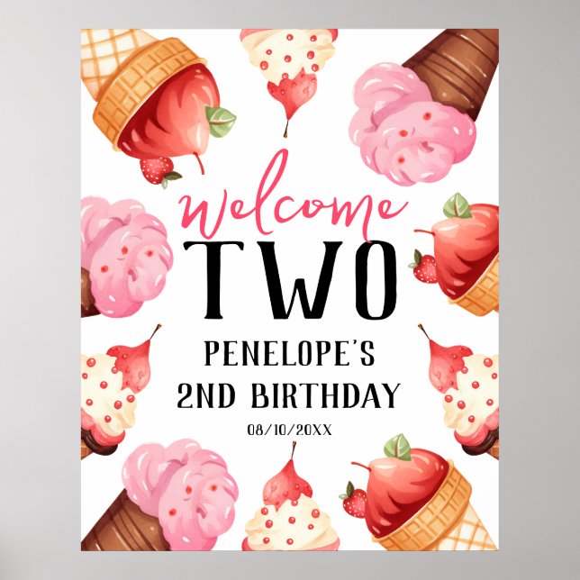Girls Two Sweet Ice Cream 2nd Birthday Welcome  Poster (Front)