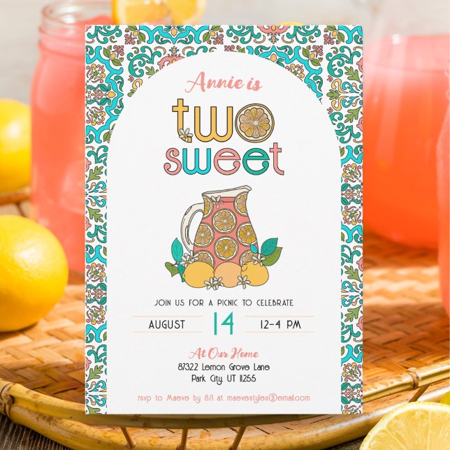 Girls Two Sweet Lemonade Picnic Birthday Invitation (Creator Uploaded)