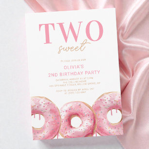 Girls Two Sweet Pink Doughnut 2nd Birthday Party Invitation
