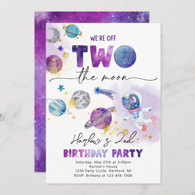 Girl's TWO the Moon Invitation | Space Invitation (Front/Back)