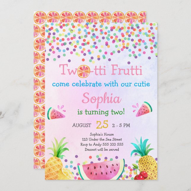 Girls  Two-tti Frutti 2nd Birthday Tropical Cute Invitation (Front/Back)