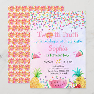 Girls  Two-tti Frutti 2nd Birthday Tropical Cute Invitation
