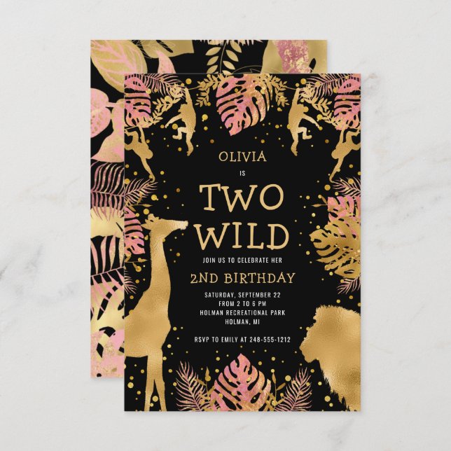 Girls Two Wild 2nd Birthday Pink Black Safari Invitation (Front/Back)