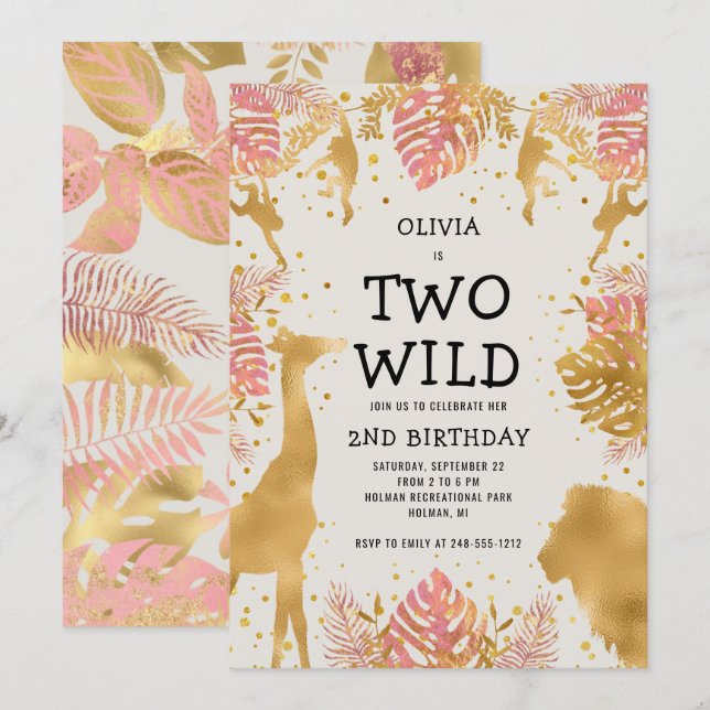 Girls Two Wild 2nd Birthday Pink Ecru Safari Invitation (Front/Back)