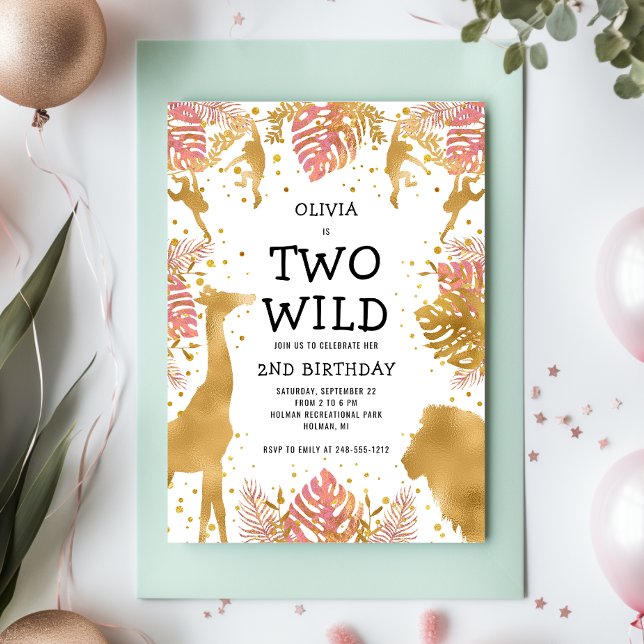 Girls Two Wild 2nd Birthday Pink Gold Safari Invitation (Creator Uploaded)