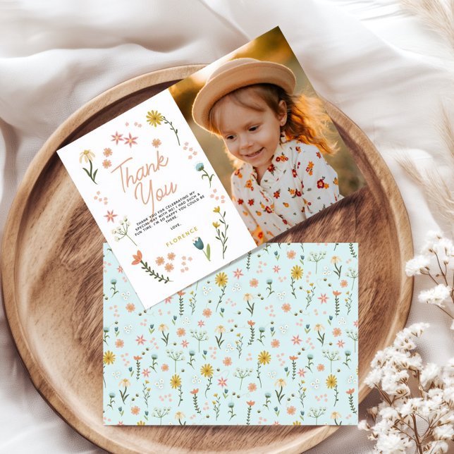 Girls Two Wild Boho Wildflower Birthday Photo Thank You Card (Creator Uploaded)