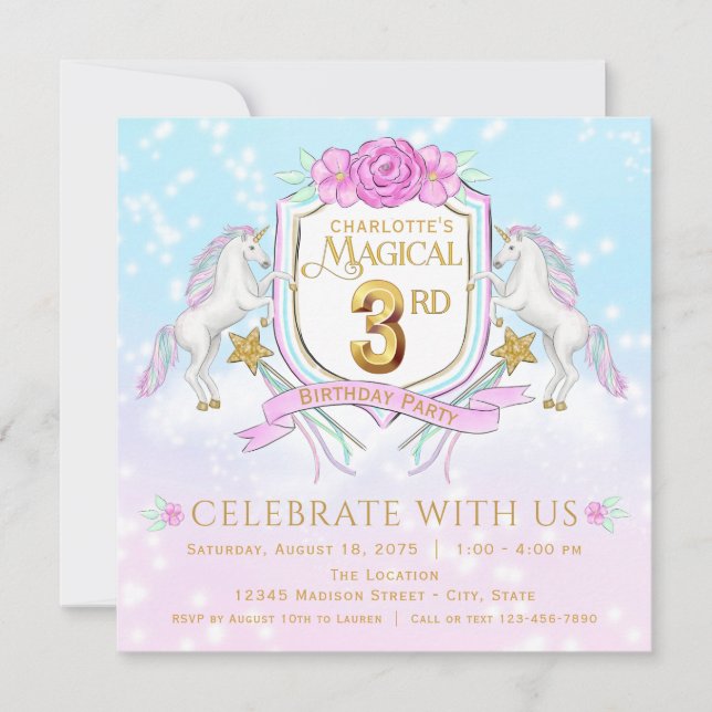 Girls Unicorn 3rd Birthday Party Invitations (Front)