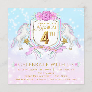 Girls Unicorn 4th Birthday Party Invitations