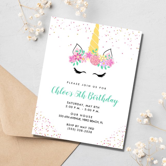 Girl's Unicorn 5th Birthday Party Invitation (Girl's Unicorn 5th Birthday Party Invitation)
