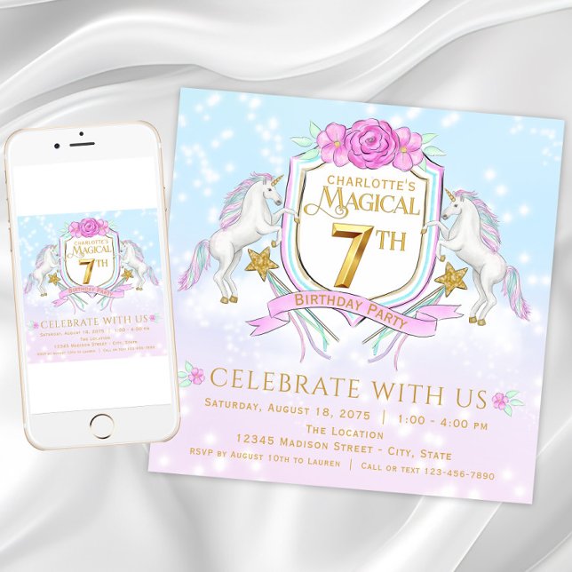 Girls Unicorn 7th Birthday Party Invitations (Pretty unicorn 7th birthday party invitation. Download and printed invitations available.)