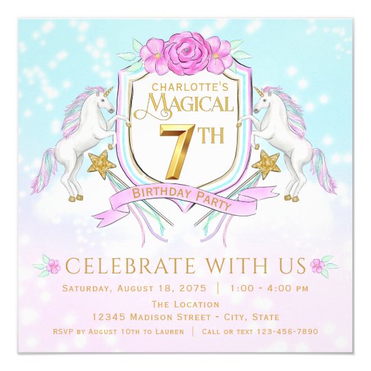 4 wording birthday old year invitation Girls 7th  Zazzle.com.au  Birthday Party Invitations Unicorn