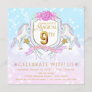 Girls Unicorn 9th Birthday Party Invitations