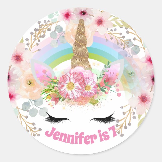 Girls Unicorn Birthday Stickers NAME ANY AGE (Front)