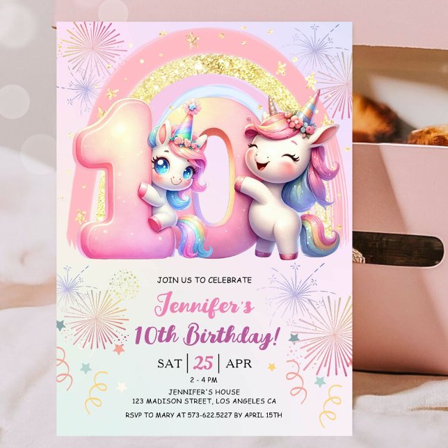 Girls Unicorn Magical Rainbow 10th Birthday Party Invitation (#UnicornBirthdayInvitation #UnicornBirthdayInvitationTemplate #UnicornBirthdayInvitationEditable 
)