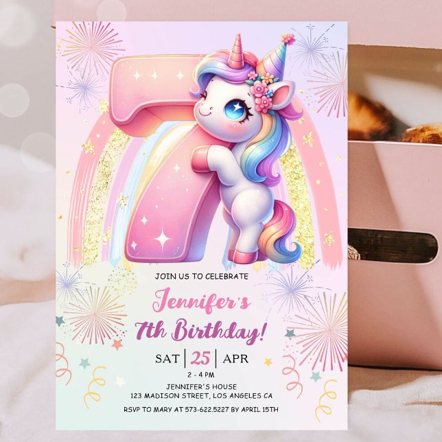 Girls Unicorn Magical Rainbow 7th Birthday Party Invitation (#UnicornBirthdayInvitation #UnicornBirthdayInvitationTemplate #UnicornBirthdayInvitationEditable )