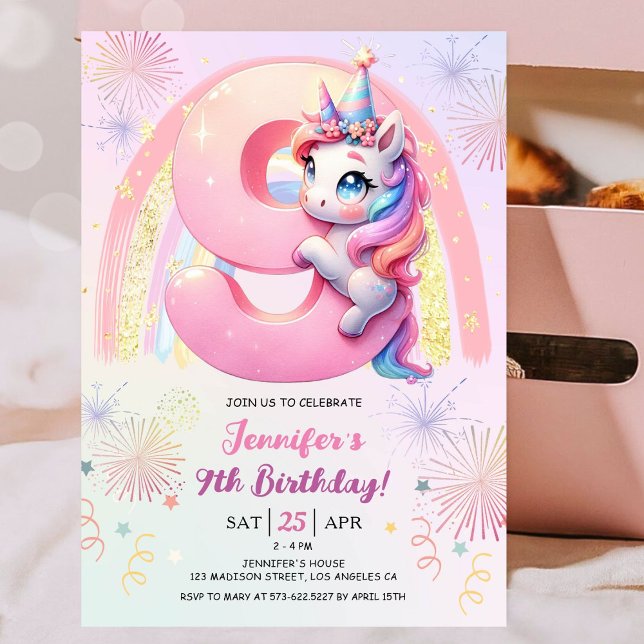 Girls Unicorn Magical Rainbow 9th Birthday Party Invitation (#UnicornBirthdayInvitation #UnicornBirthdayInvitationTemplate #UnicornBirthdayInvitationEditable 
)